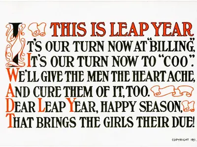 Postcard about women proposing to men in leap years.