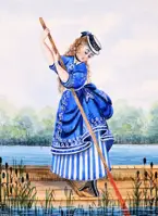 Drawing of a woman in a sailor dress on a boat.
