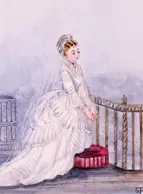 Drawing of a woman in a white dress, kneeling.