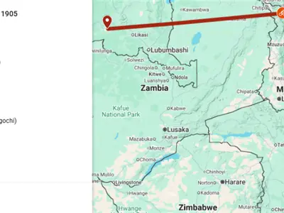 Google map tracing Dr. Massey's journey through Africa to Congo.