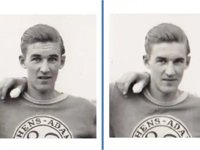 Two images of the same man with different facial expressions.