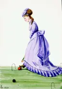 Drawing of a woman in a purple dress, playing croquet.