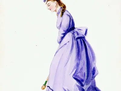 Drawing of a woman in a purple dress, playing croquet.