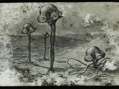 Drawing of mushroom-shaped creatures.