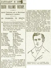Newspaper report on London deaths after a building collapsed.