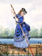 Drawing of a woman in a sailor dress on a boat.
