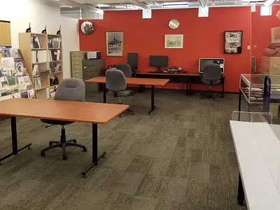 Reading room with social-distancing measures.