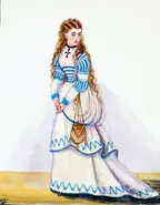 Drawing of a woman in a blue and white dress, wearing a necklace with a cross.