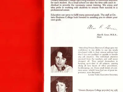 Front page of a prospectus for Ontario Business College.
